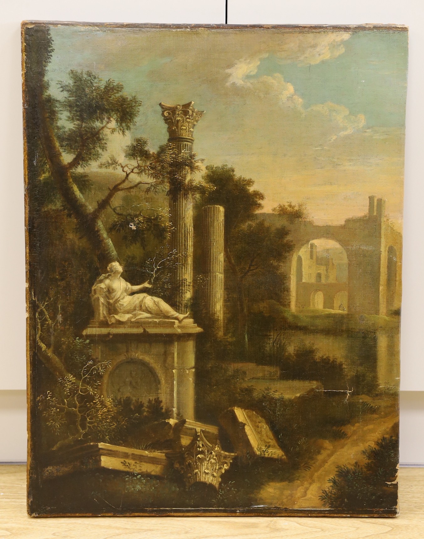 Early 19th century English School, oil on canvas, Classical ruins, 72 x 55cm, unframed
